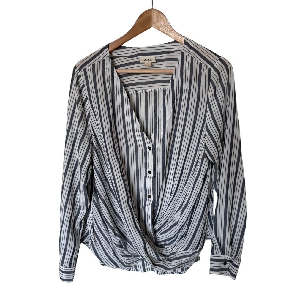 a.n.a Blouse Womens Large Blue White Excellent Striped Draped Wrap‎ Front Top